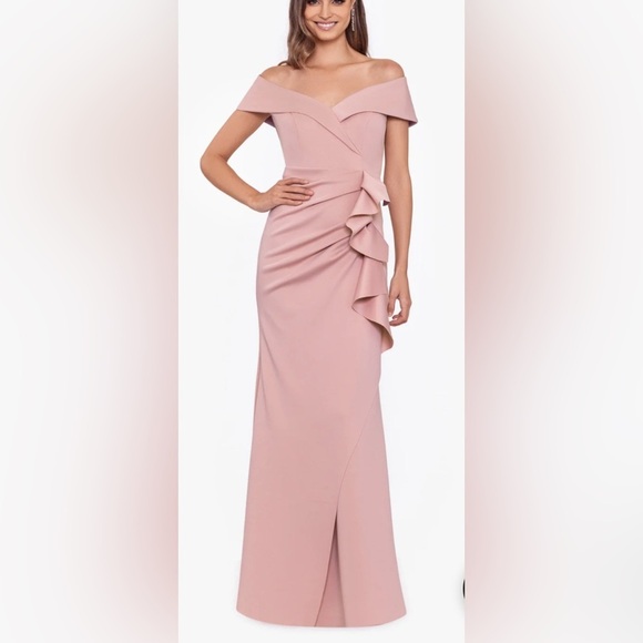 XSCAPR PATTI LONG OFF THE SHOULDER SCUBA CREPE GOWN DRESS BLUSH 10 NEW - Picture 1 of 8